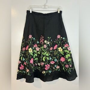 SilkLand 100% Linen Black Floral Beaded/Sequin A-line Skirt Size 6